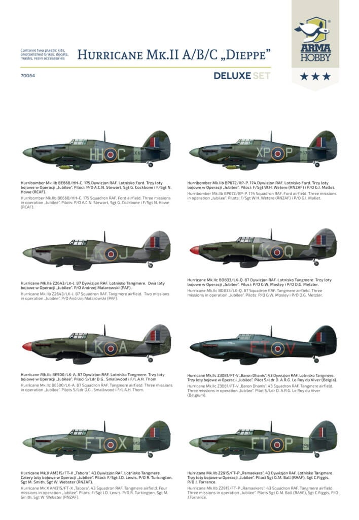 Zdjęcie dodatkowe produktu Hurricane Mk II A/B/C Dieppe Deluxe Set 1:72 Arma Hobby 70054