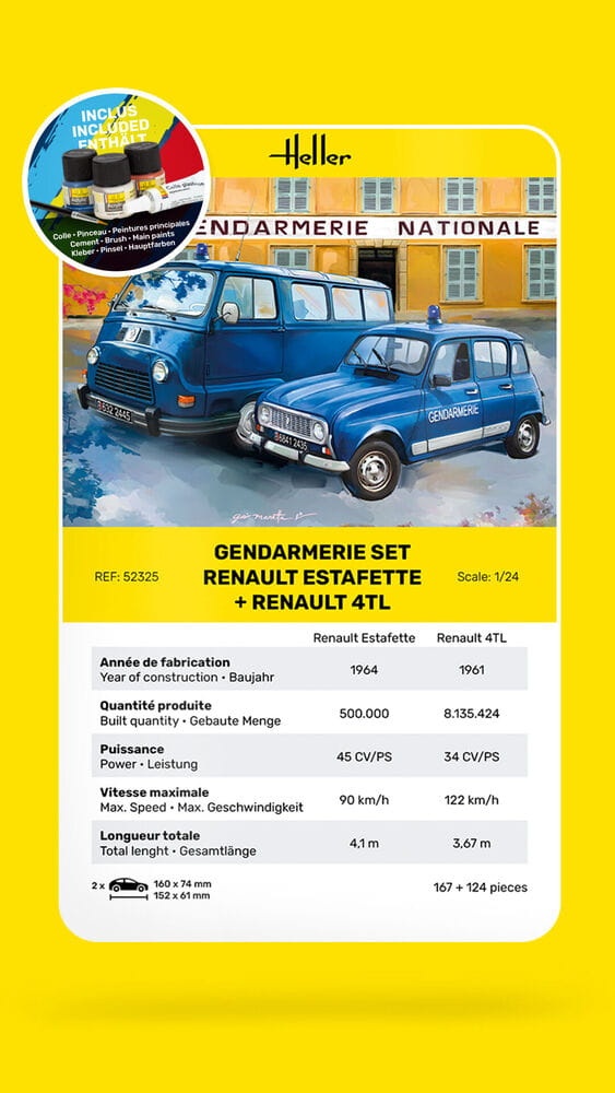 Zdjęcie dodatkowe produktu Gendarmerie Set Renault Estafette + Renault 4TL 1:24 Heller 52325 STARTER KIT