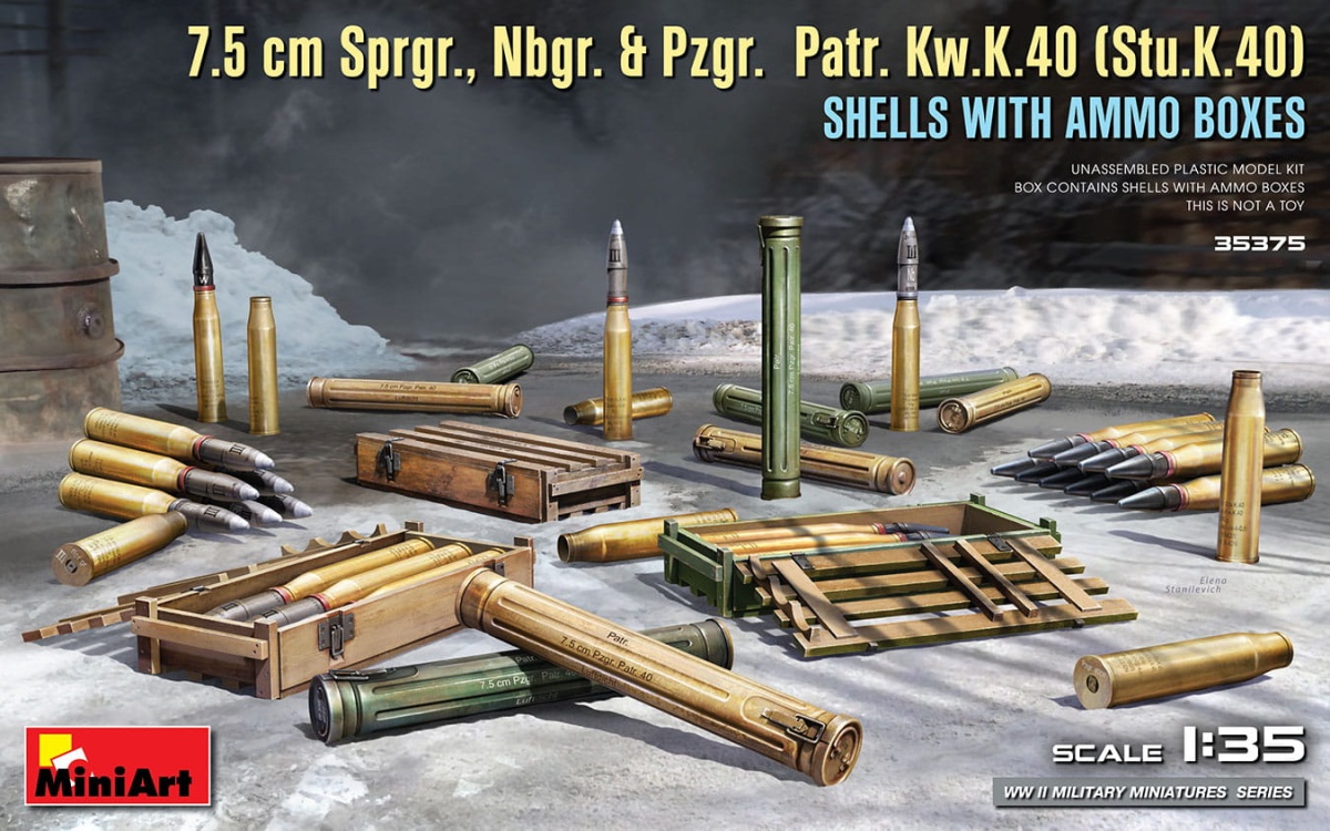 Zdjęcie główne produktu 7.5 cm Sprgr., Nbgr. and Pzgr. Patr. Kw.K.40 (Stu.K.40) 1:35 MiniArt 35375