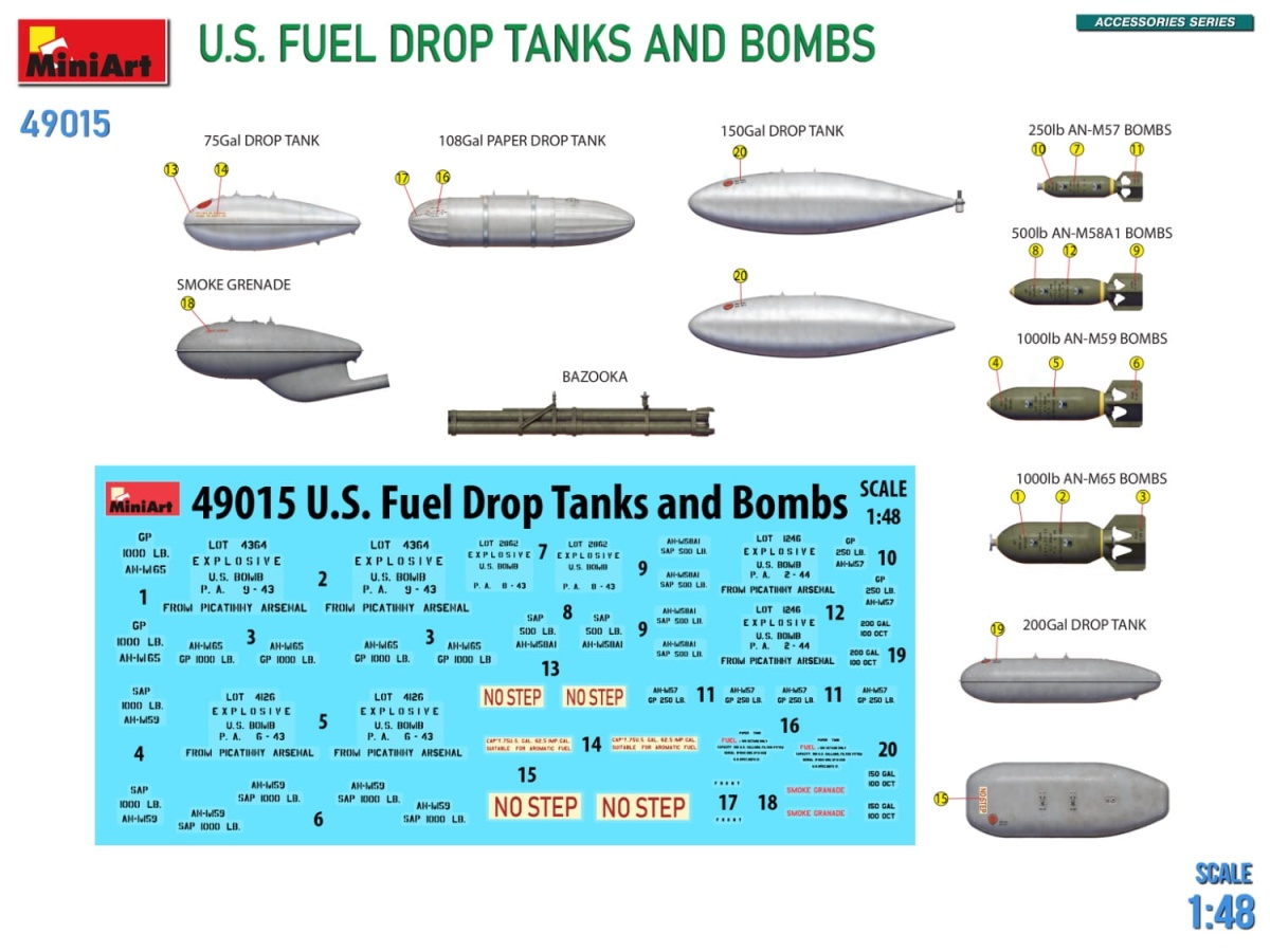 Zdjęcie dodatkowe produktu US Fuel Drop Tanks And Bombs 1:48 MiniArt 49015