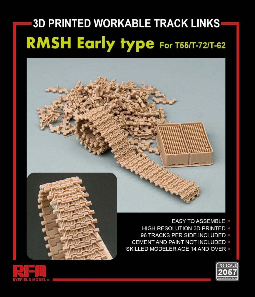 Zdjęcie dodatkowe produktu 3D Printed Workable Track Links RMSH Early Type For T-55/T-72/T-62 1:35 Rye Field Model 2057