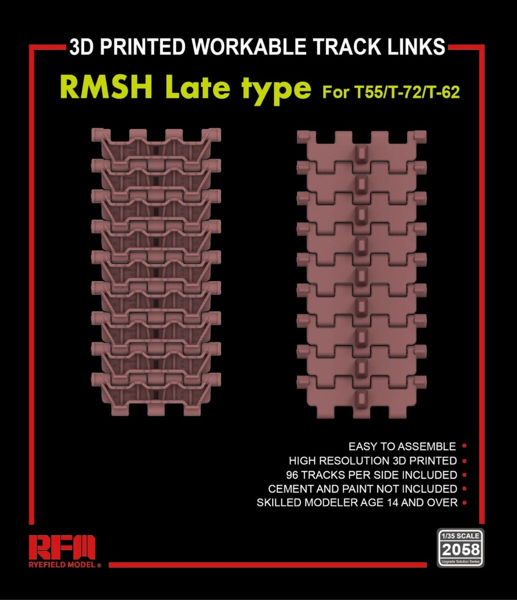 Zdjęcie główne produktu 3D Printed Workable Track Links RMSH Late Type For T-55/T-72/T-62 1:35 Rye Field Model 2058