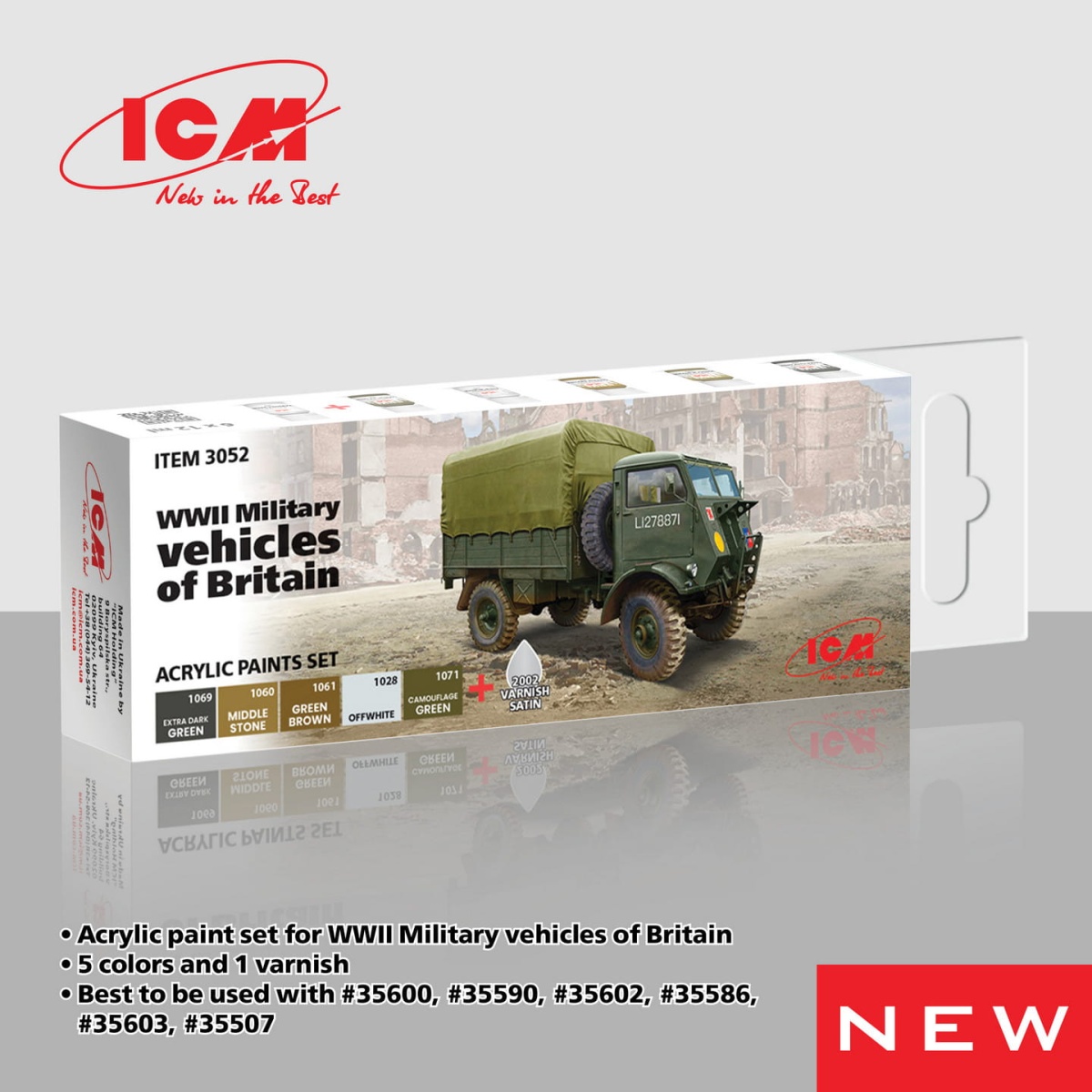 Zdjęcie dodatkowe produktu Acrylic paints set for WWII Military vehicles of Britain ICM 3052