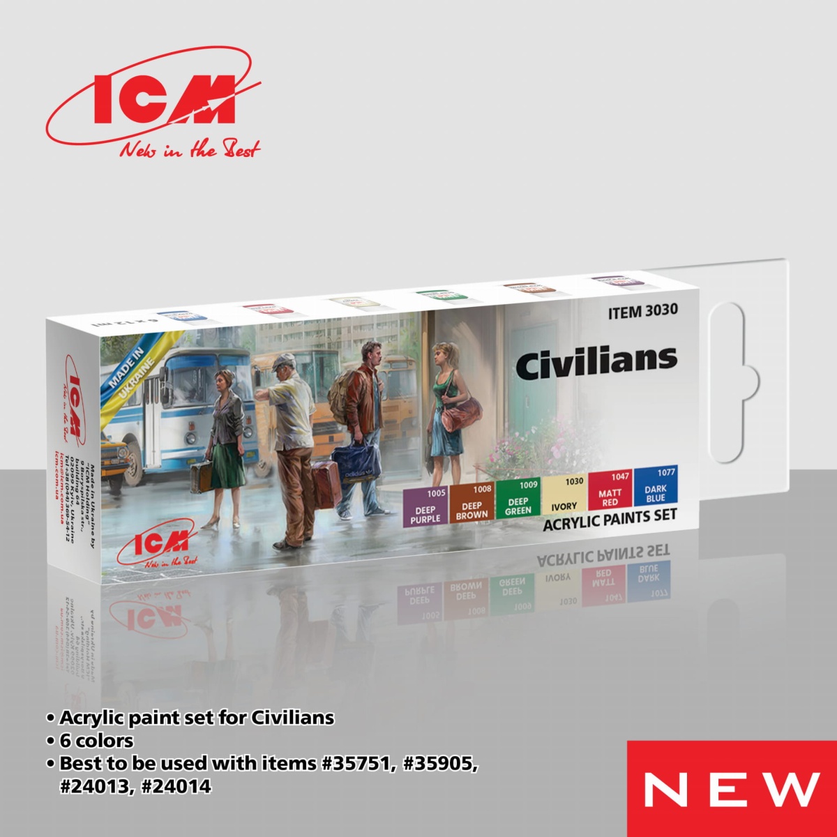 Zdjęcie dodatkowe produktu Аcrylic paints set Civilians 1:35 ICM 3030