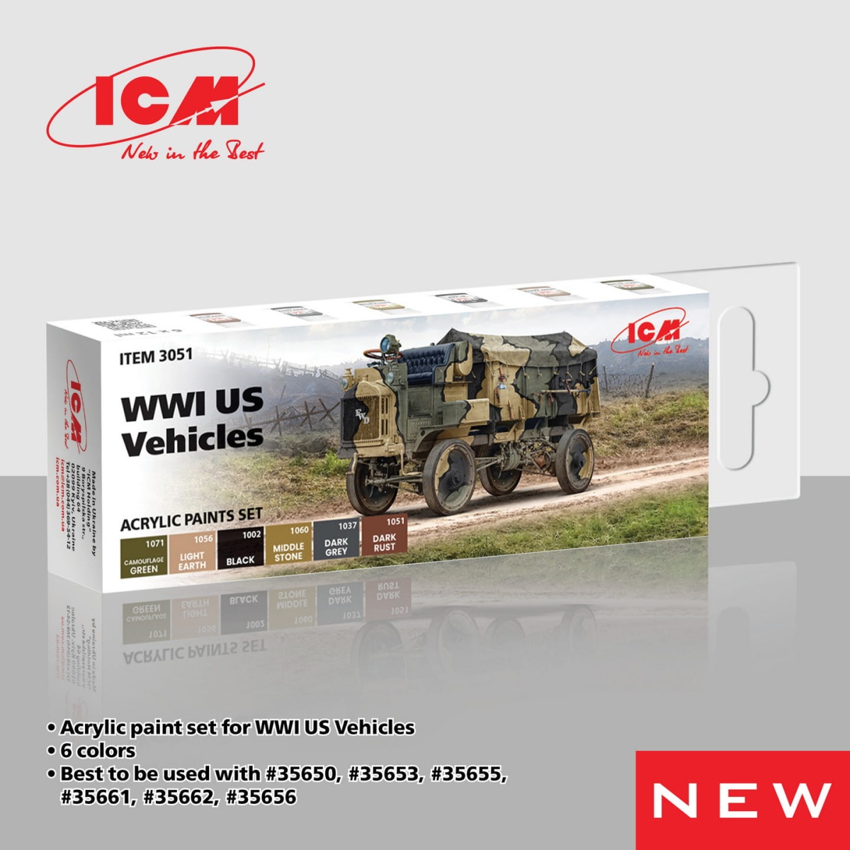 Zdjęcie dodatkowe produktu Acrylic paints set for WWI US Vehicles ICM 3051