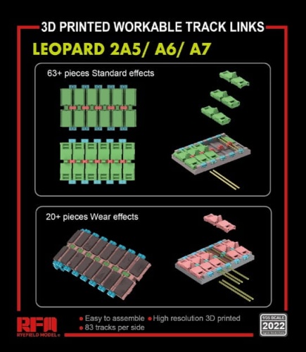 3D Printed Workable Track Links for Leopard 2A5/A6/A7 1:35 Rye Field Model 2022