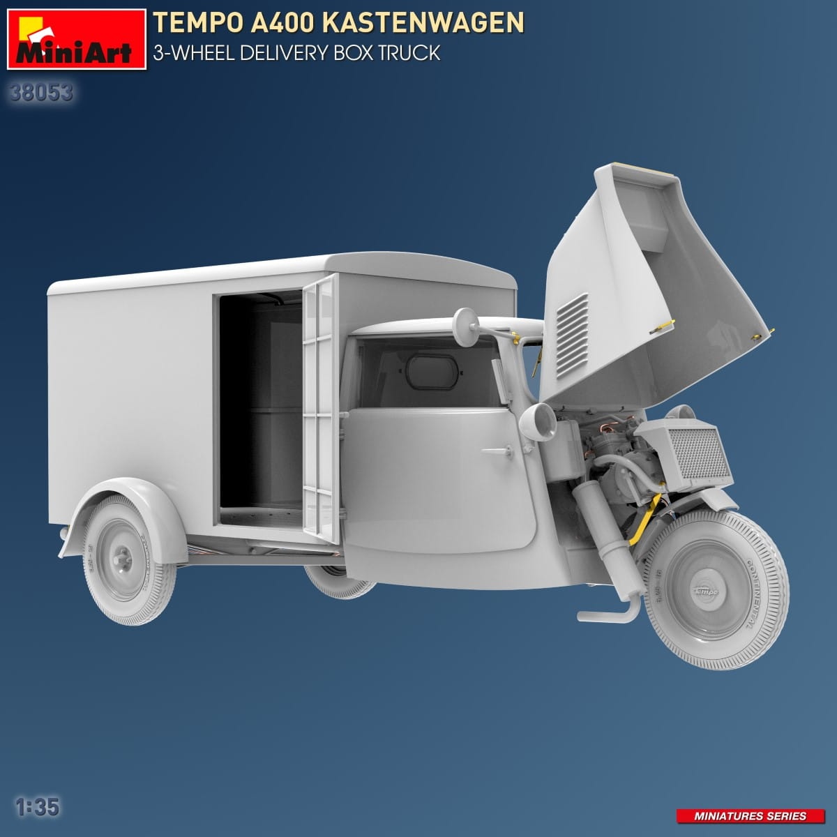 Zdjęcie dodatkowe produktu Tempo A400 Kastenwagen 3-wheel Delivery Box Truck 1:35 MiniArt 38053