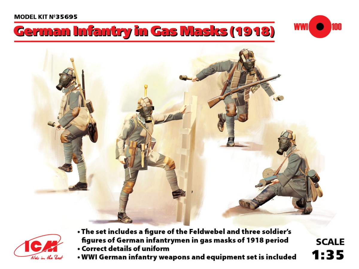 Zdjęcie główne produktu German Infantry in Gas Masks (1918) 1:35 ICM 35695