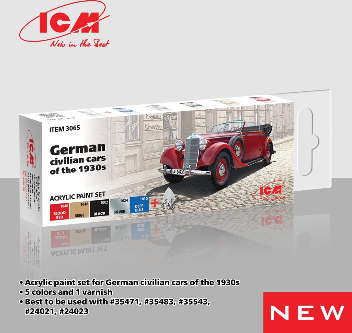 Zdjęcie dodatkowe produktu Zestaw farb akrylowych do niemieckich samochodów z lat 30-tych XX wieku ICM 3065