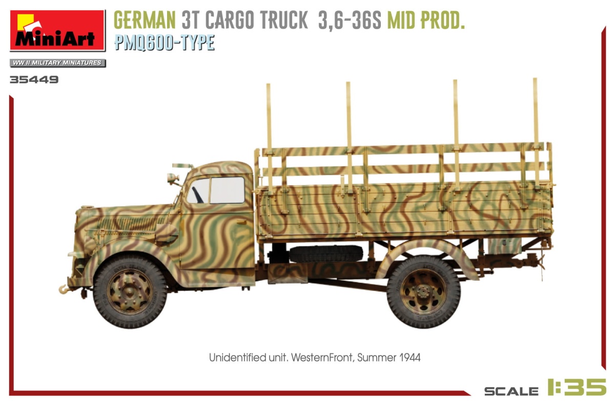 Zdjęcie dodatkowe produktu Niemiecka Ciężarówka 3t Cargo Truck 3,6-36s Mid Prod. Typ Pmq600 1:35 MiniArt 35449