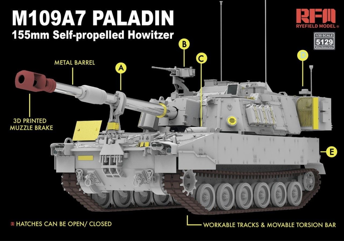 Zdjęcie dodatkowe produktu M109A7 PALADIN 155mm Self-Propelled Howitzer w/Workable Tracks 1:35 Rye Field Model 5129