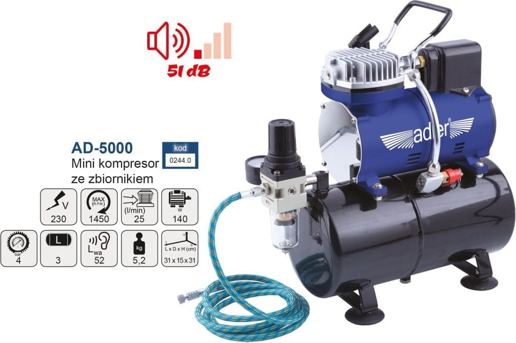 Zdjęcie dodatkowe produktu Mini kompresor modelarski ze zbiornikiem Adler AD-5000