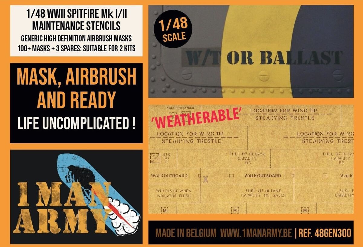Zdjęcie główne produktu Maski do Supermarine Spitfire Mk.I/Mk.II - Data Stencils Generic Set 1:48 1 Man Army 48GEN300