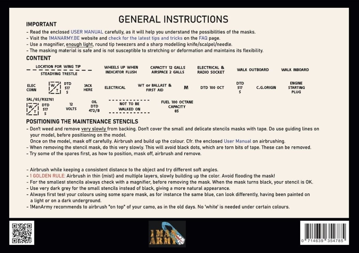 Zdjęcie dodatkowe produktu Maski do Supermarine Spitfire Mk.I/Mk.II - Data Stencils Generic Set 1:48 1 Man Army 48GEN300