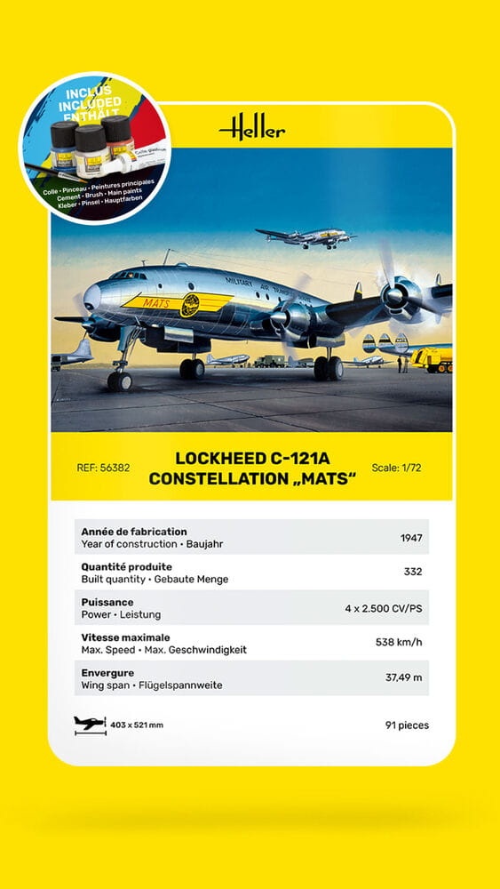 Zdjęcie dodatkowe produktu C-121A Constellation MATS STARTER KIT (z farbami, pędzlem i klejem) 1:72 Heller 56382