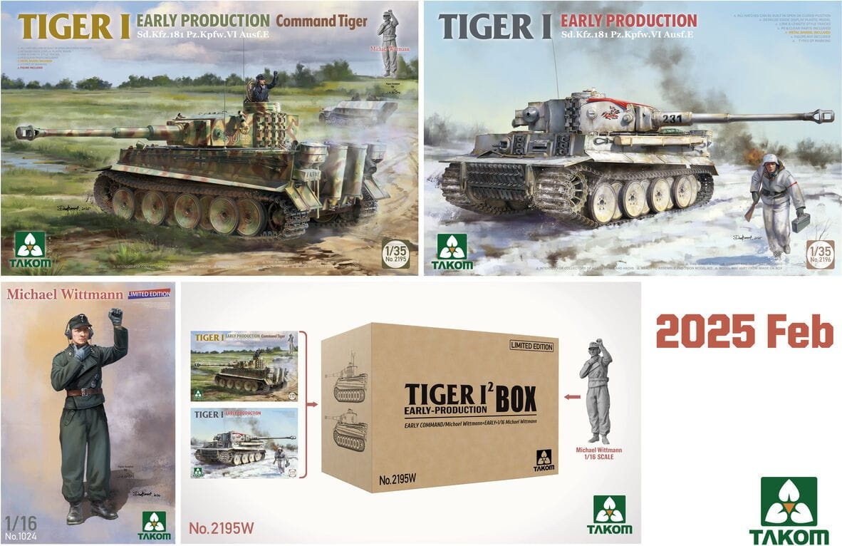 Zdjęcie dodatkowe produktu Tiger I Box Early-Production Limited Edition (Early Command/Michael Wittmann + Early + 1/16 Michael Wittmann) 1:35 Takom 2195W