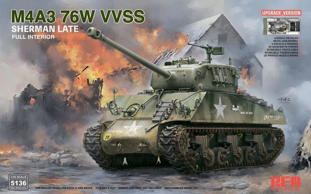 Zdjęcie główne produktu M4A3 76W VVSS Sherman Late Upgrade Version Full Interior 1:35 Rye Field Model 5136