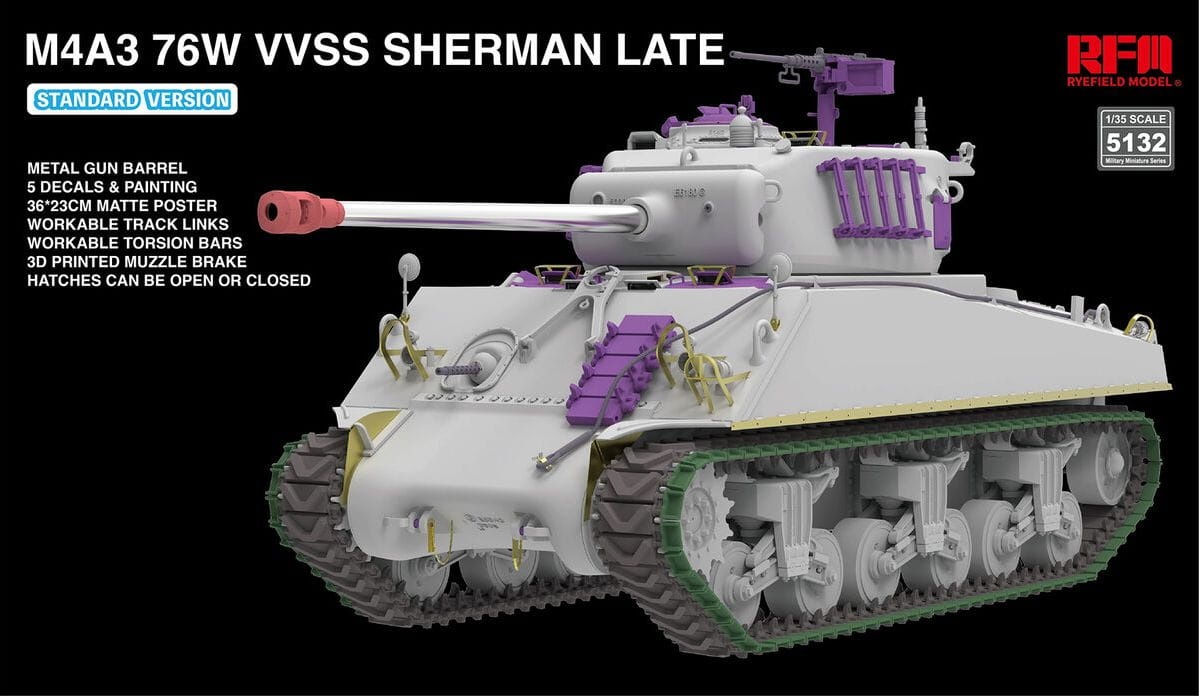Zdjęcie dodatkowe produktu M4A3 76W VVSS Sherman Late Standard Version 1:35 Rye Field Model 5132