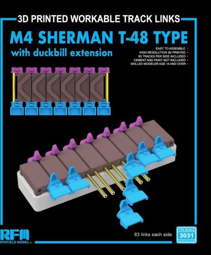 Type T-48 moving tracks with duckbill extension for M4 SHERMAN (3D printed) 1:35 Rye Field Model 3031