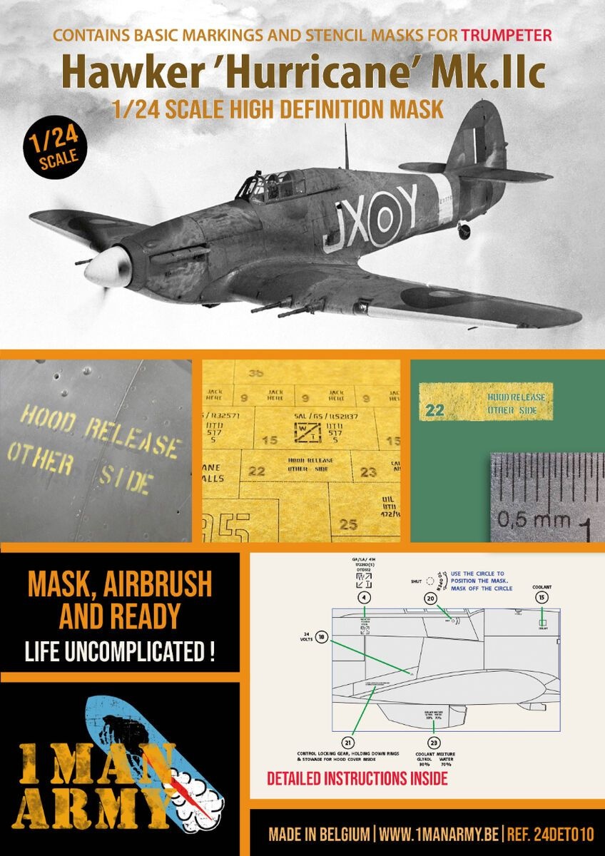 Zdjęcie główne produktu Hawker Hurricane Mk.IIc - maski wysokiej rozdzielczości (do zestawów Trumpeter) 1:24 1 Man Army 24DET010