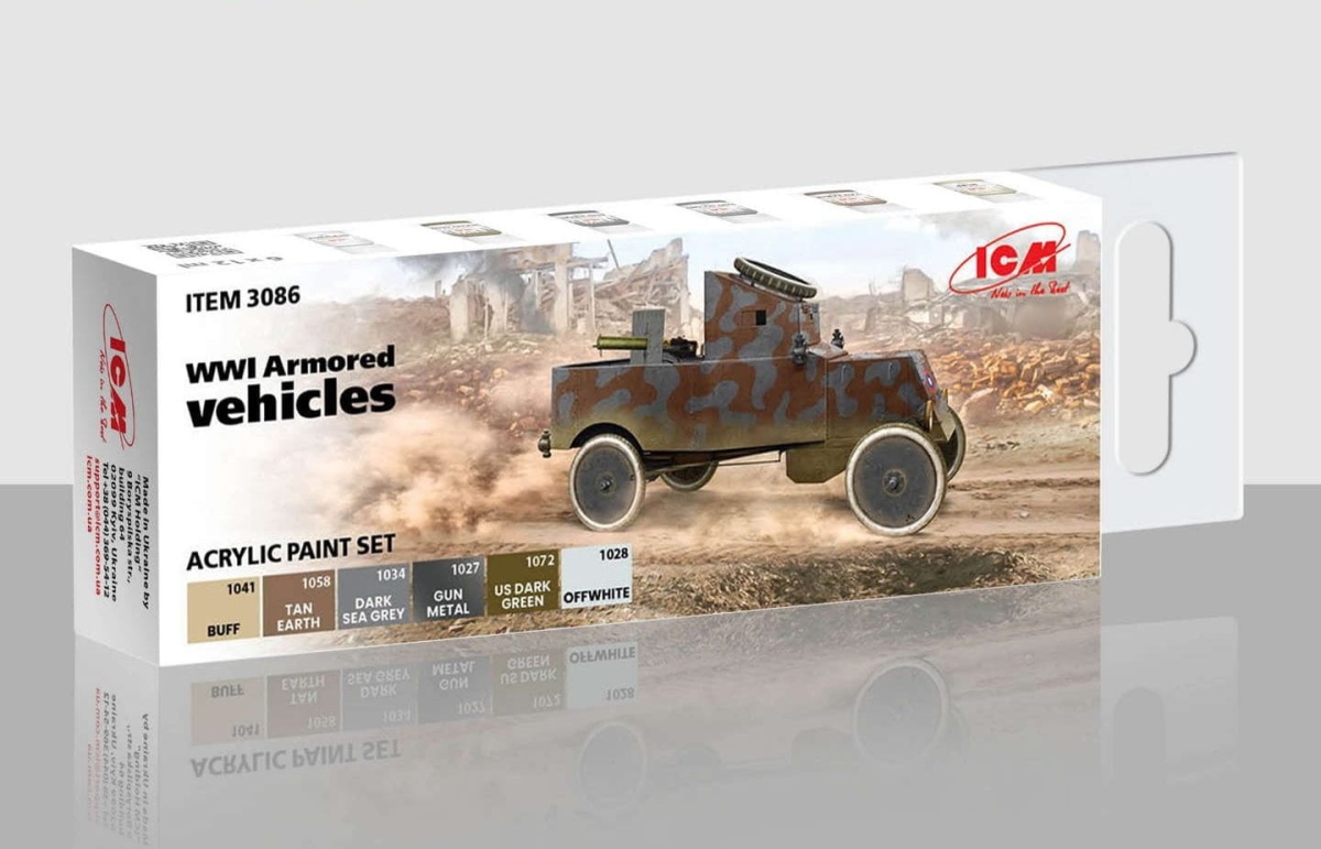 Zdjęcie główne produktu Zestaw farb akrylowych do pojazdów pancernych z okresu I WŚ (6x12ml) ICM 3086