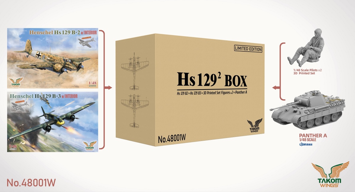 Zdjęcie główne produktu Hs 129 Box (Hs 129 B-2 + B-3 + 3D Printed Set Figures x2 + Panther A) (edycja limitowana) 1:48 Takom 48001W