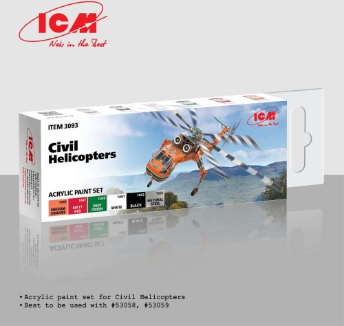 Acrylic paint set for civilian helicopters (6x12ml) 1:35 ICM 3093