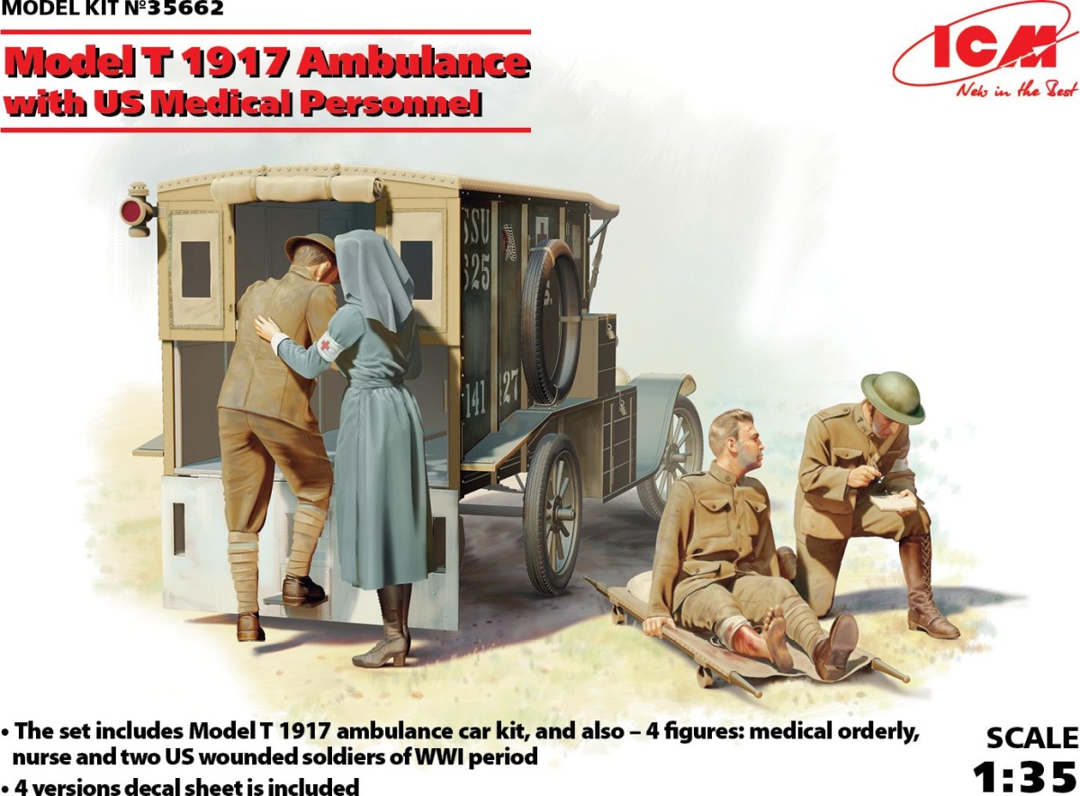 Zdjęcie główne produktu Ambulans Model T 1917 z amerykańskim personelem medycznym 1:35 ICM 35662