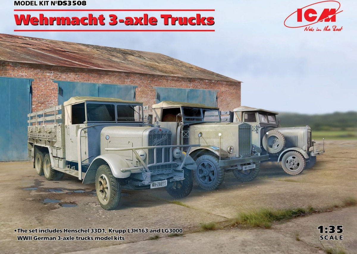 Zdjęcie główne produktu 3-osiowe ciężarówki Wehrmachtu: Henschel 33D1, Krupp L3H163, LG3000 1:35 ICM DS3508