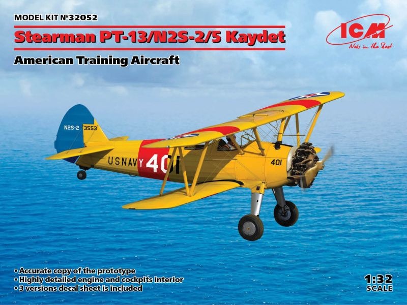 Zdjęcie główne produktu Amerykański samolot szkoleniowy Stearman PT-13/N2S-2/5 Kaydet 1:32 ICM 32052