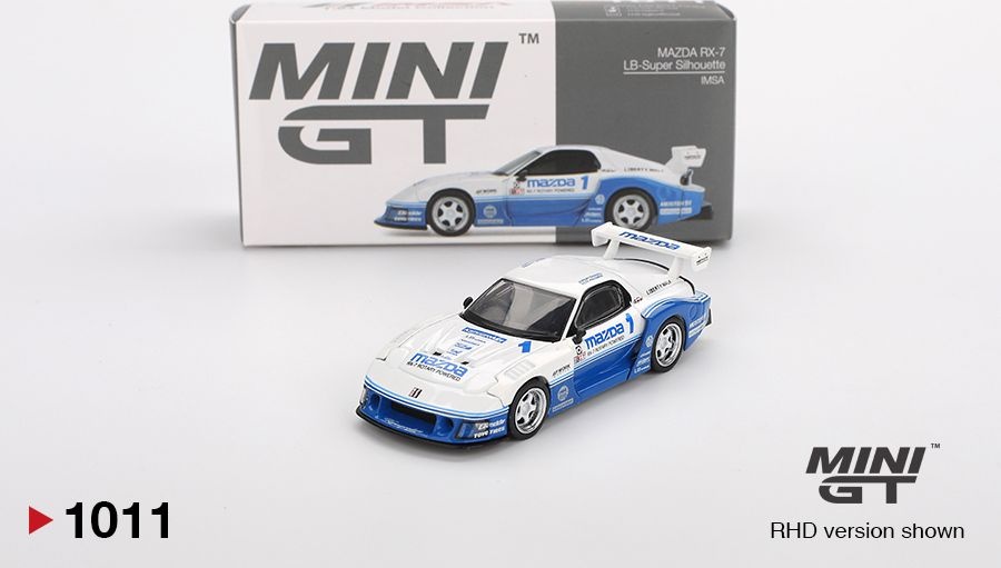 Zdjęcie główne produktu Mazda RX-7 LB-Super Silhouette IMSA White / Blue 1:64 Mini GT 01011