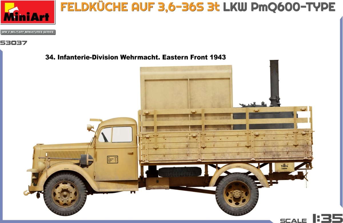 Zdjęcie dodatkowe produktu Kuchnia polowa AUF 3,6-36S 3t LKW PmQ600-Type 1:35 MiniArt 53037
