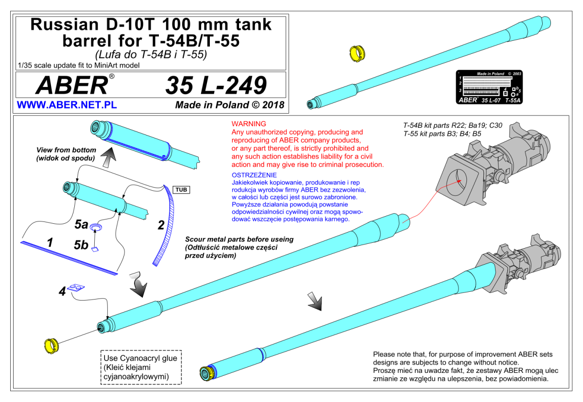 Zdjęcie Lufa czołgowa D-10T 100 mm do T-54B/T-55 1:35 ABER 35L249