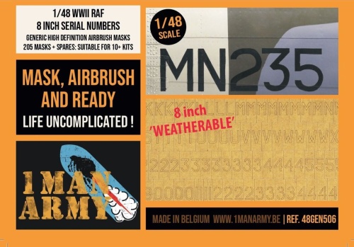 Airbrush masks WWII RAF 8" serial numbers 1:48 1 Man Army 48GEN506