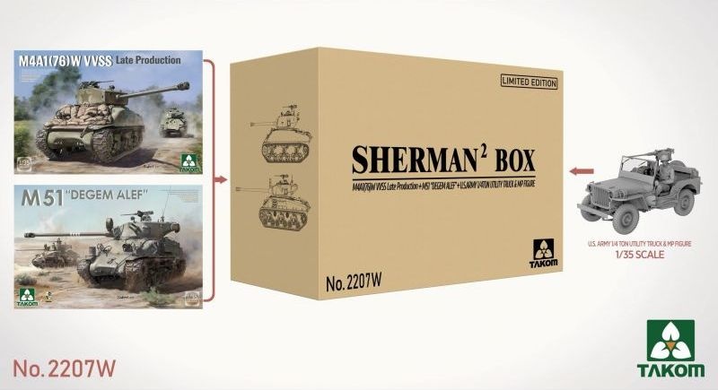 Zdjęcie Sherman Box: M4A1(76)W VVSS Late Production + M51 "Degem Alef" + US Army 1/4 Ton Utility Truck & MP Figure 1:35 Takom 2207W