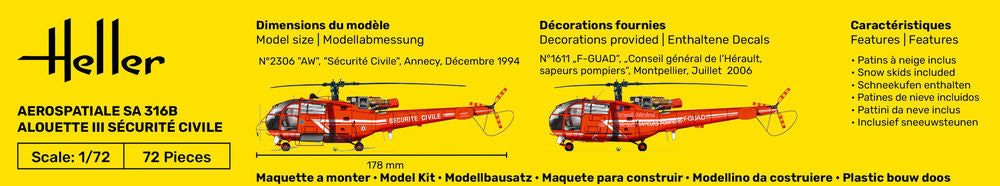 Zdjęcie Aerospatiale SA 316B Alouette III Securite Civile 1:72 Heller 56289 STARTER KIT