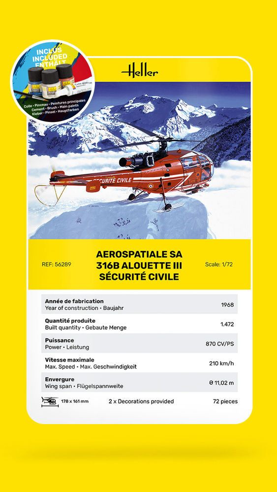 Zdjęcie Aerospatiale SA 316B Alouette III Securite Civile 1:72 Heller 56289 STARTER KIT