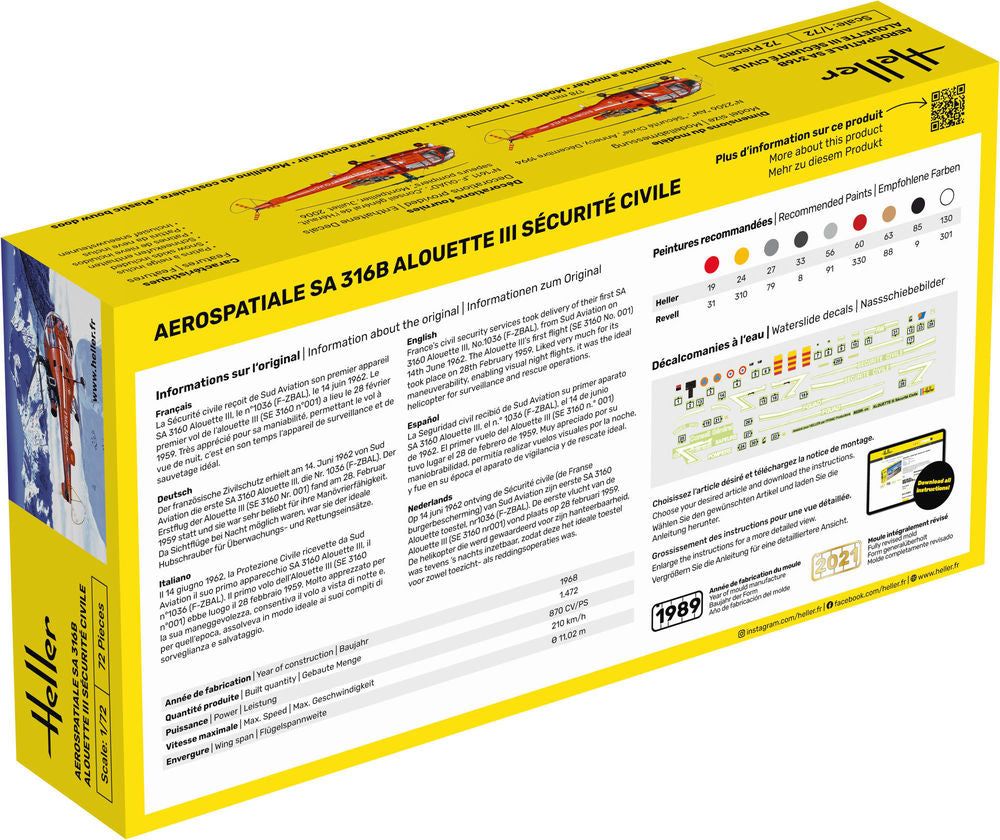 Zdjęcie Aerospatiale SA 316B Alouette III Securite Civile 1:72 Heller 56289 STARTER KIT