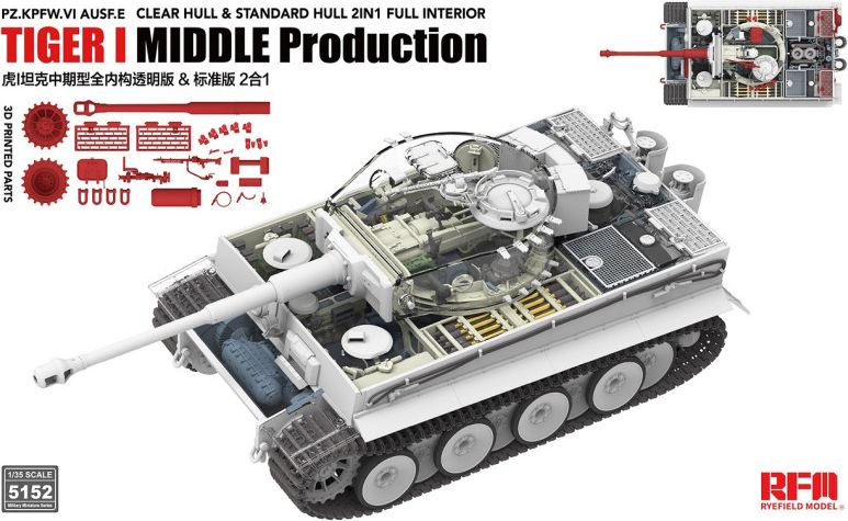 Zdjęcie Tiger I Mid Production z pełnym wnętrzem, przezroczystymi elementami i ruchomymi gąsienicami 1:35 Rye Field Model 5152