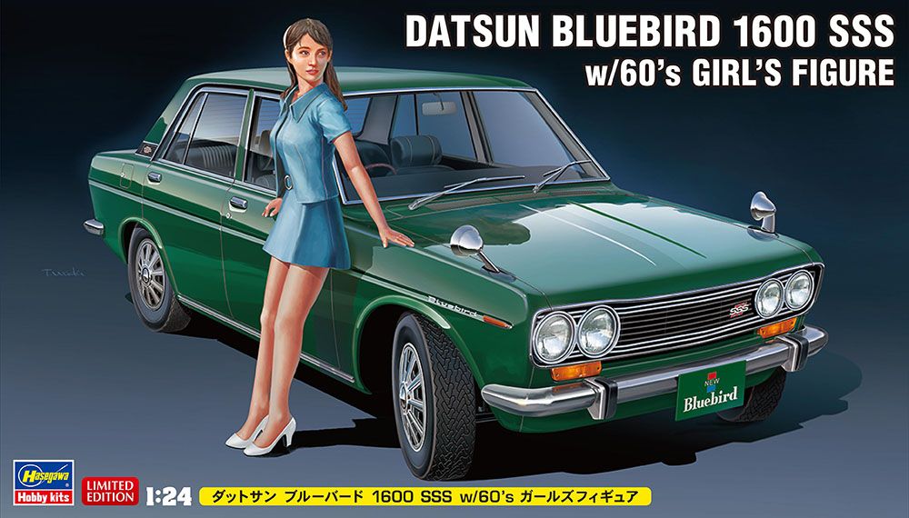 Zdjęcie Datsun Bluebird 1600 SSS z figurką dziewczyny z lat 60. 1:24 Hasegawa SP477