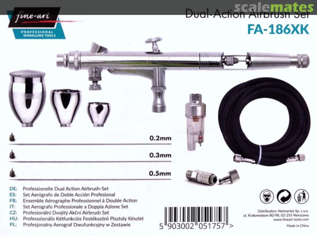 Zdjęcie Aerograf 186X 0.2, 0.3, 0.5mm z wężem, szybkozłączką i minifiltrem Fine Art 186XK